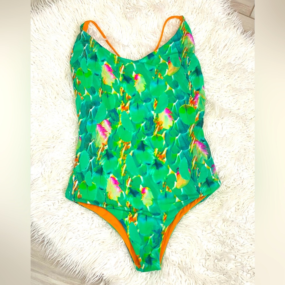San Lorenzo Vibrant Green and Orange Feather Print One Piece Bikini